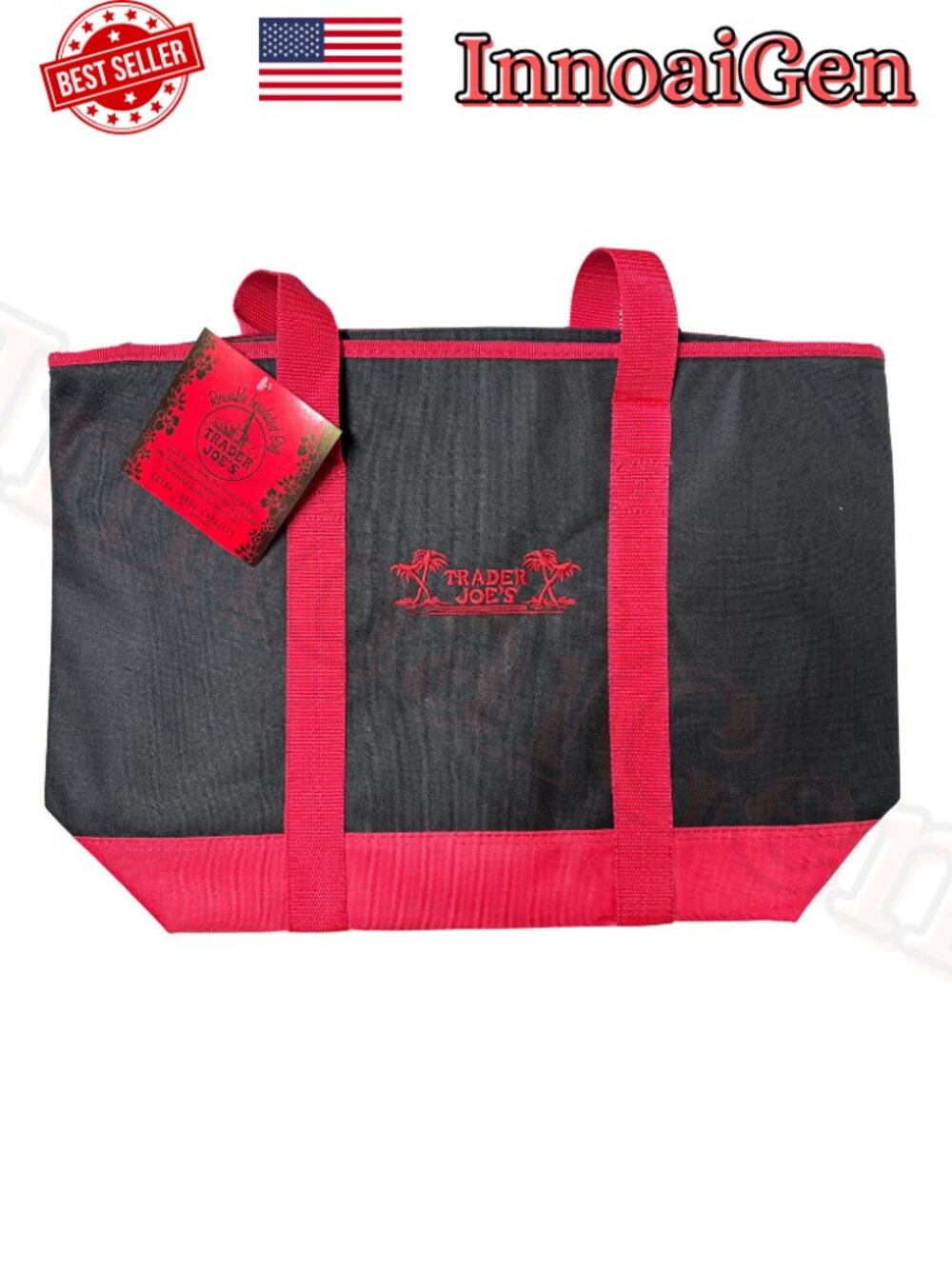 Trader Joe's Reusable Insulated Bag Extra Large Capacity Black Red NWT Tote